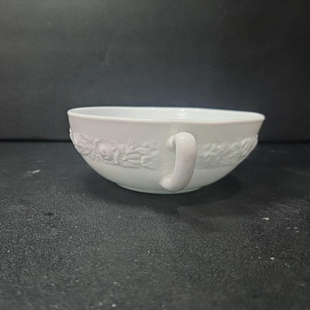 Anchor Hocking Milk Glass Soup Bowl, Dual Handled Floral Dish, Vtg Kitchenware